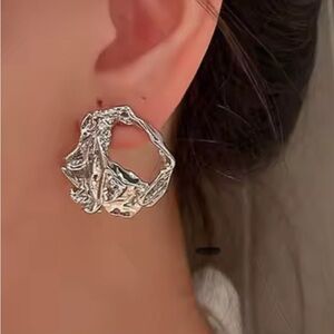 Anthropologie Button Loop Earrings Chunky Crumpled Molten Metal Silver F06